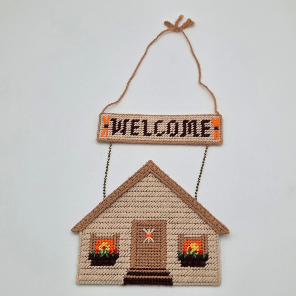 Needlepoint Plastic Canvas Welcome Sign House Wall Hanging Vintage Handmade
